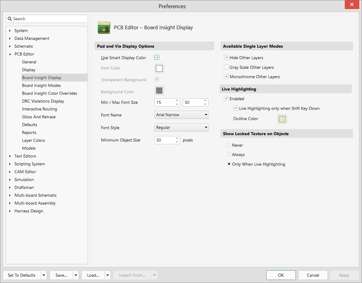 PCB Editor - Preferences - Board Insight Display