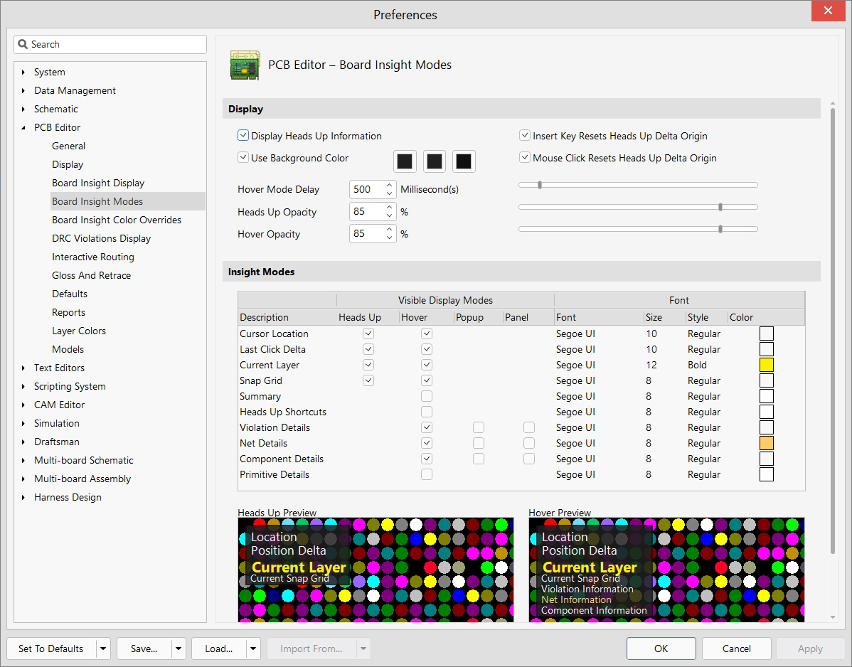 PCB Editor - Preferences - Board Insight Models