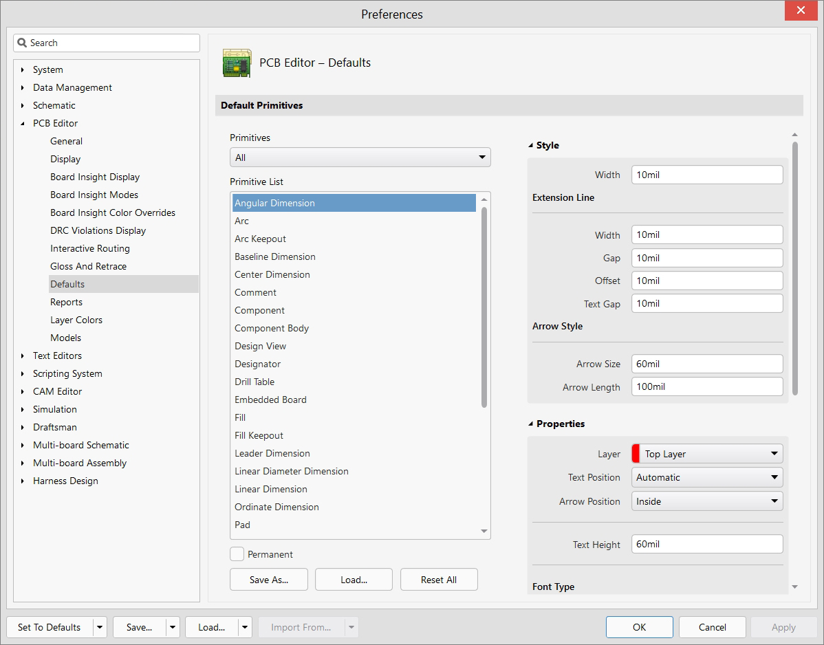 PCB Editor - Preferences - Preferences Defaults