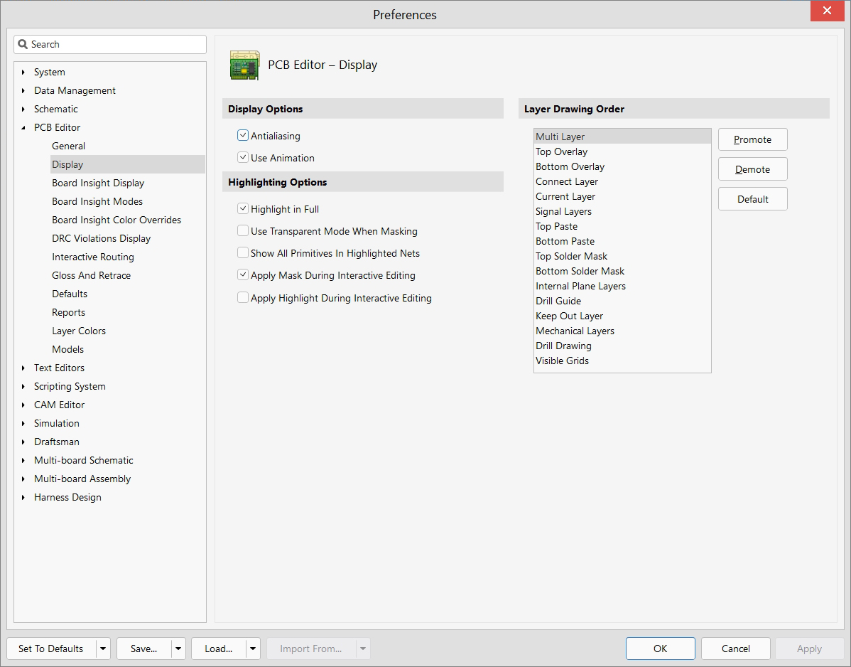 PCB Editor - Preferences - Display