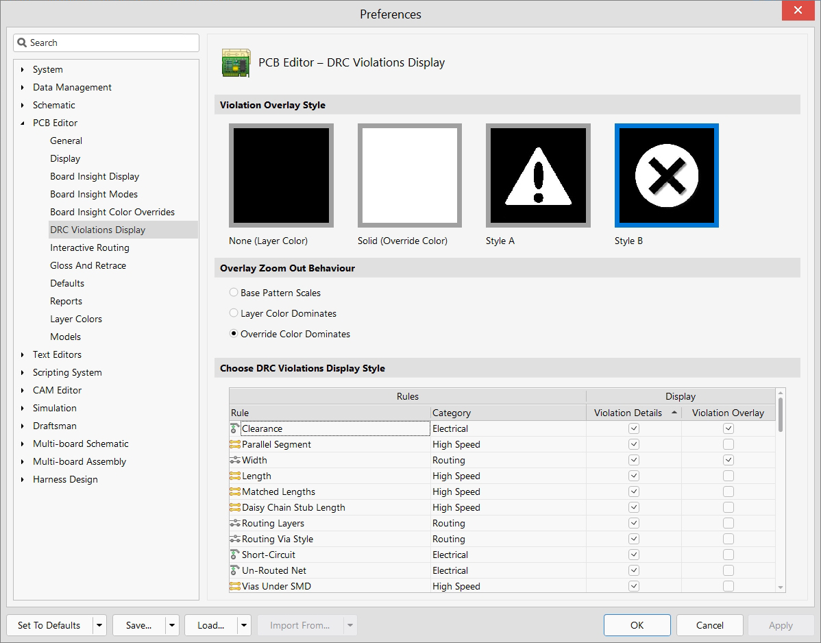 PCB Editor - Preferences - DRC Violations Display