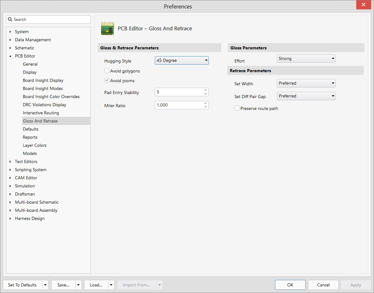 PCB Editor - Preferences - Gloss and Retrace