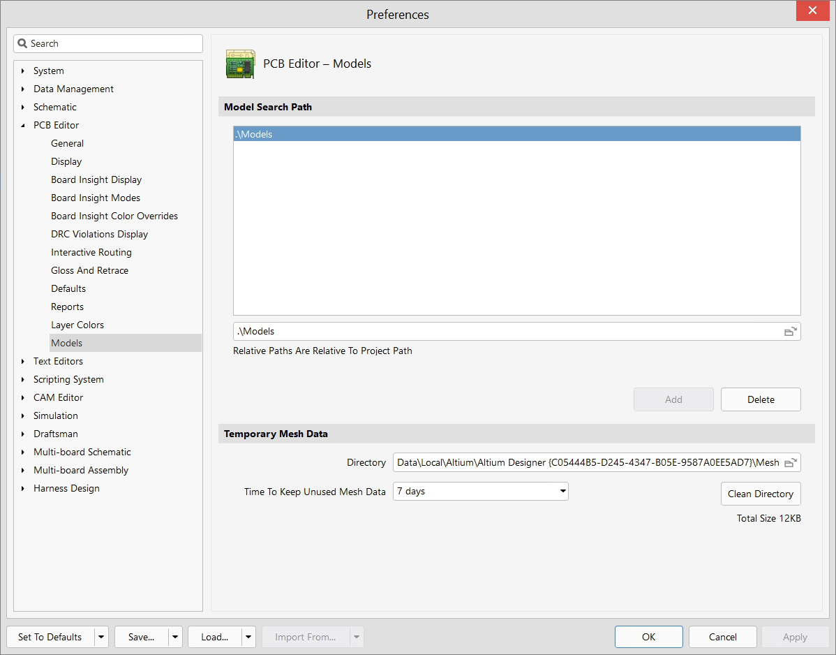 PCB Editor - Preferences - Preferences Models