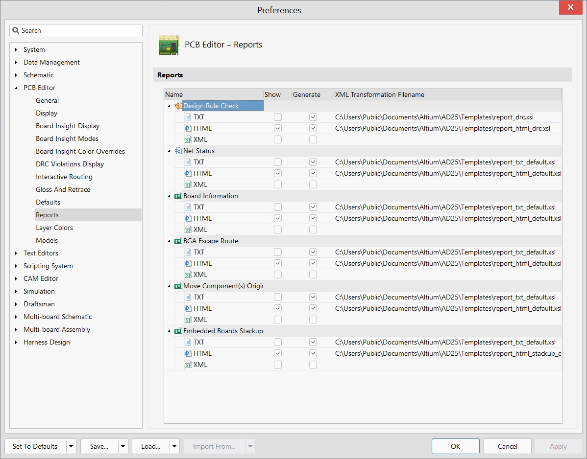 PCB Editor - Preferences - Preferences Reports