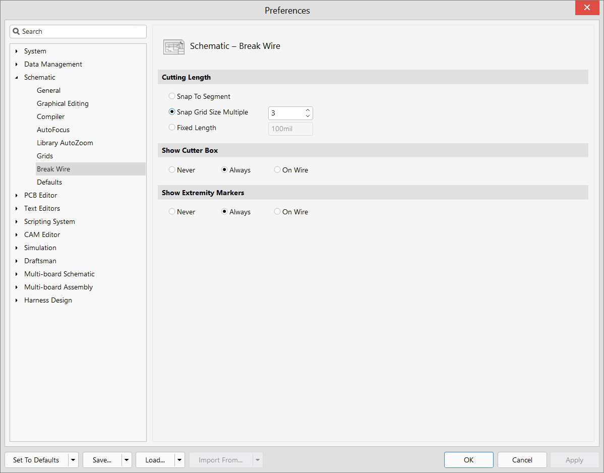 Schematic Editor - Preferences - Break Wire