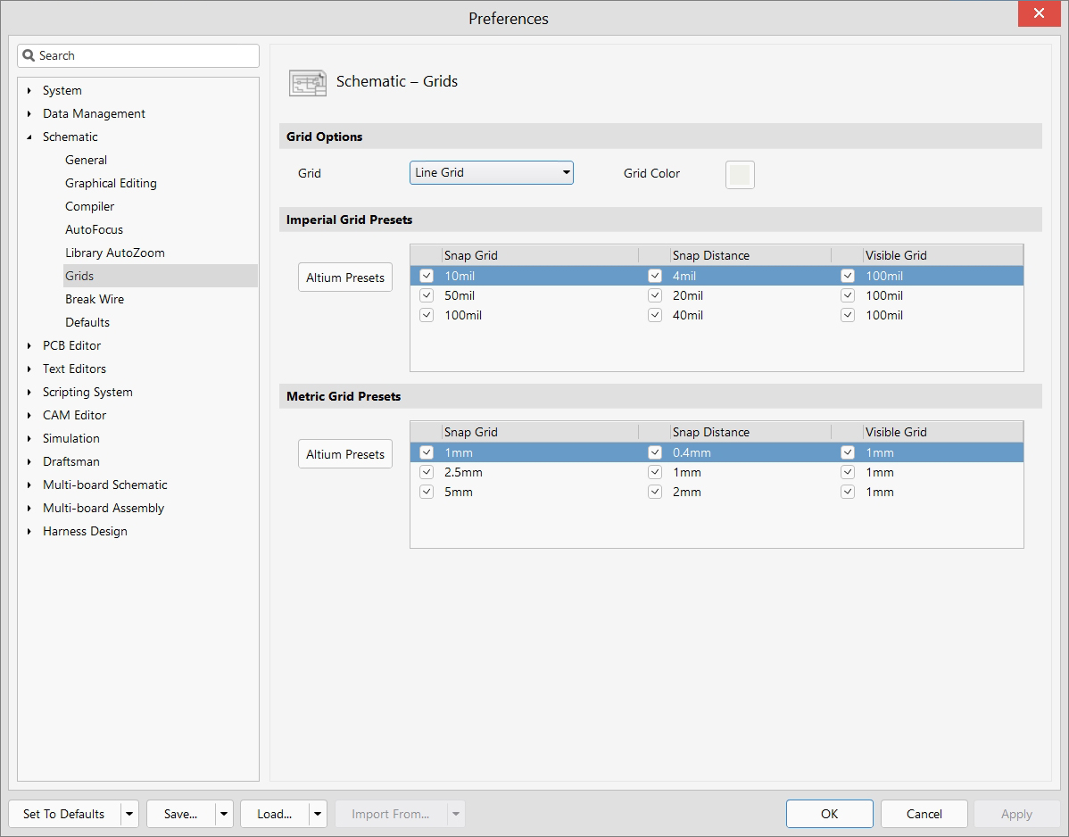 Schematic Editor - Preferences - Grids