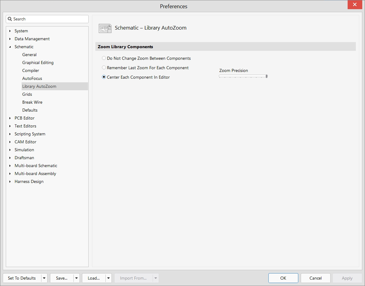 Schematic Editor - Preferences - Library Auto Zoom